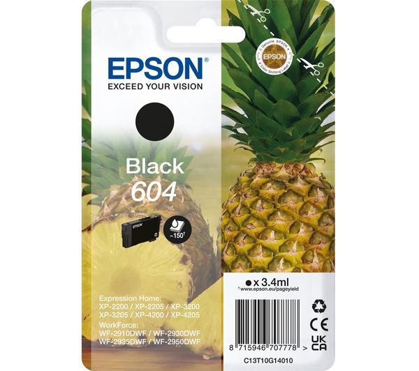 EPSON 604 Pineapple Black Ink Cartridge, MPN: C13T10G14010, Approximate number of prints: 150, Compatible with Epson XP / WF printers