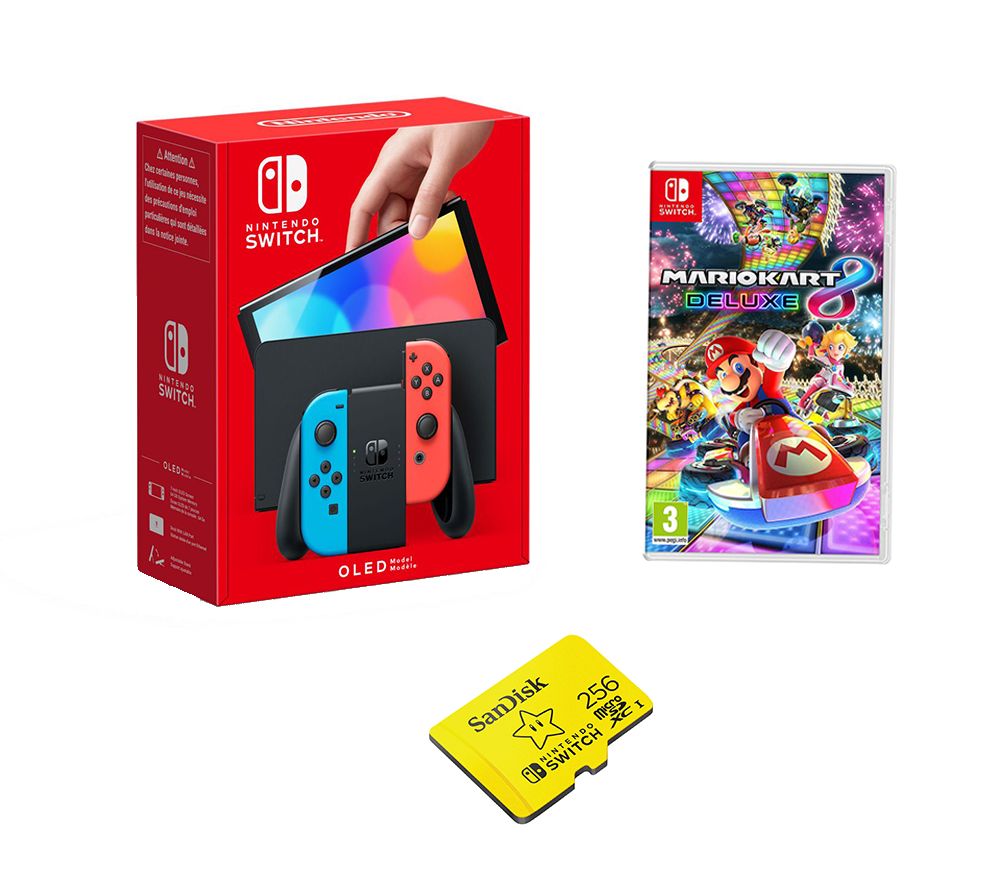 NINTENDO Switch OLED Neon, Mario Kart 8 Deluxe & SanDisk 256 GB Memory Card Bundle