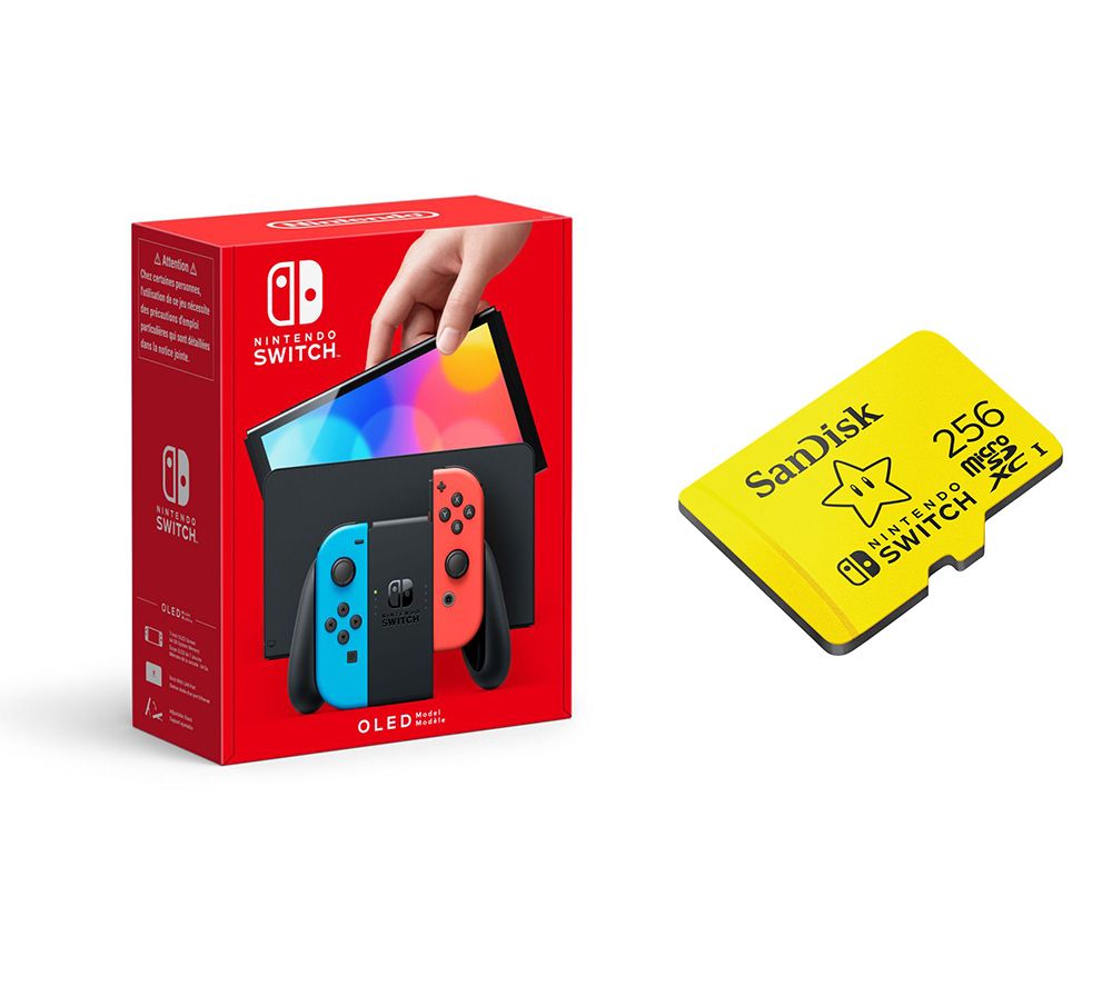Switch OLED & SanDisk 256 GB Memory Card Bundle - Neon Red & Blue