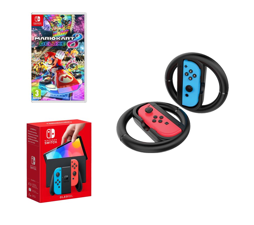 Switch OLED (Red & Blue), Mario Kart 8 Deluxe & VS4794 Joy-Con Racing Wheels Bundle
