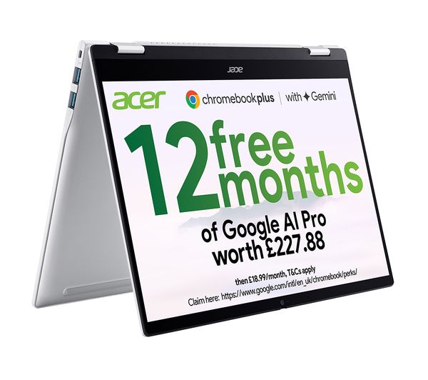 An image of ACER Spin 514 14" 2 in 1 Chromebook Plus - MediaTek Kompanio Ultra 910, 128 GB UFS, Silver
