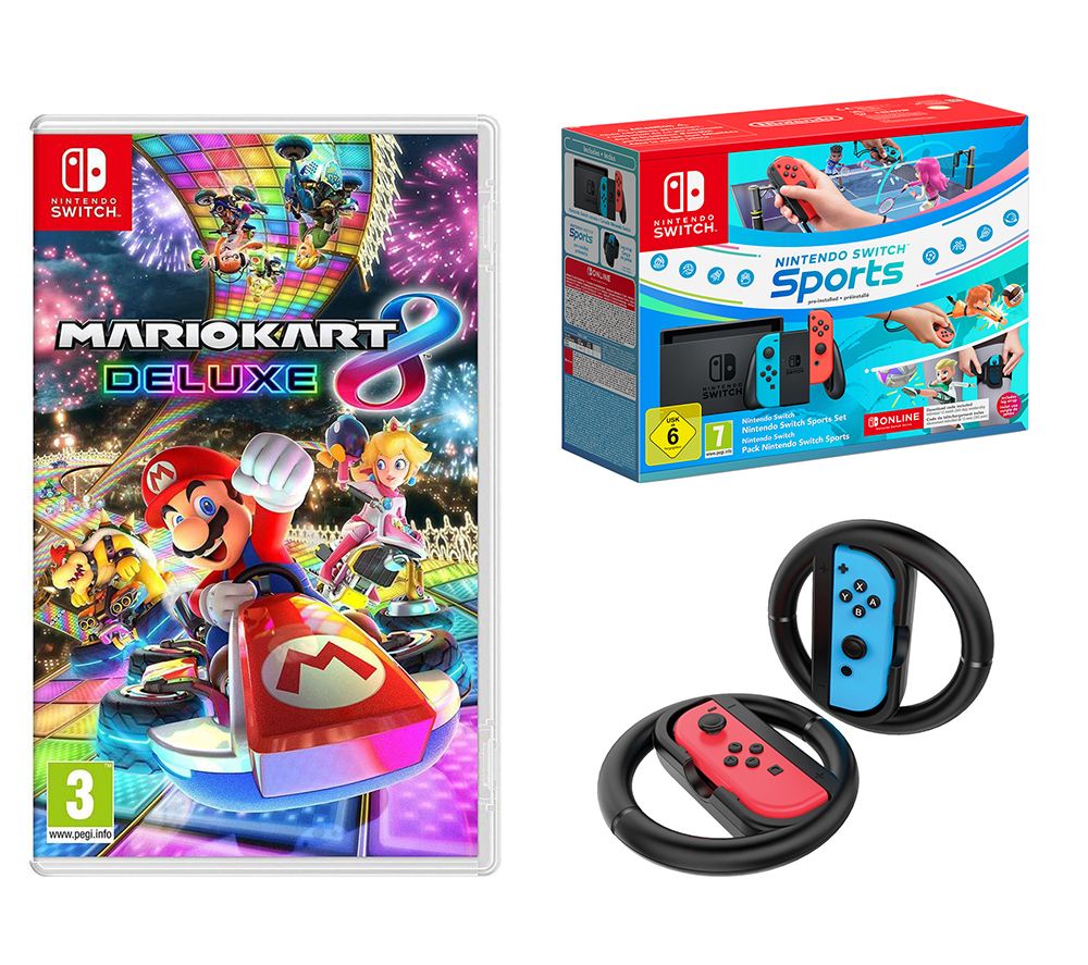 Switch Neon Red & Blue, Sports, Mario Kart 8 Deluxe, Joy-Con Racing Wheels & Nintendo Switch Online 12 Month Membership Bundle