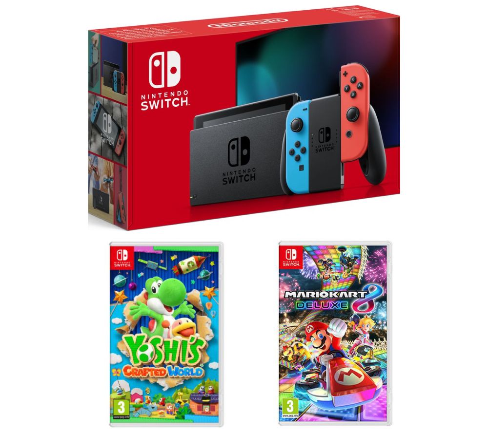 NINTENDO Switch Neon Red & Blue, Yoshi's Crafted World & Mario Kart 8 Deluxe Bundle, Neon