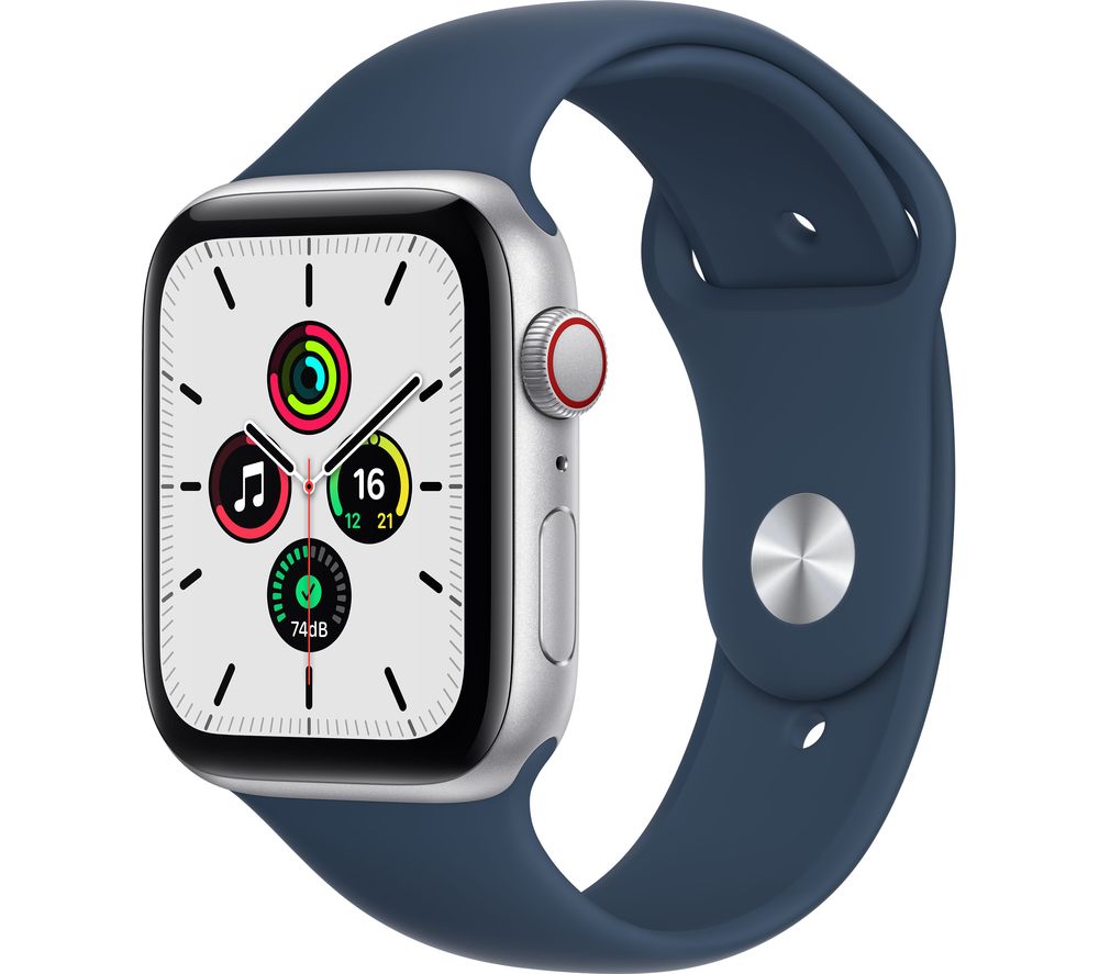 APPLE Watch SE Cellular - Silver Aluminium with Abyss Blue Sports Band, 44 mm
