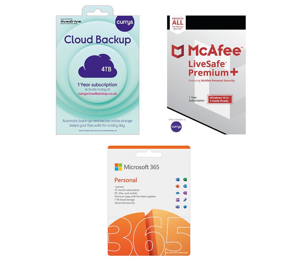 MICROSOFT 365 Personal (1 year for 1 user + 3 Months Extra Time), McAfee LiveSafe Premium & Currys Cloud Backup (4 TB, 1 year) Bundle