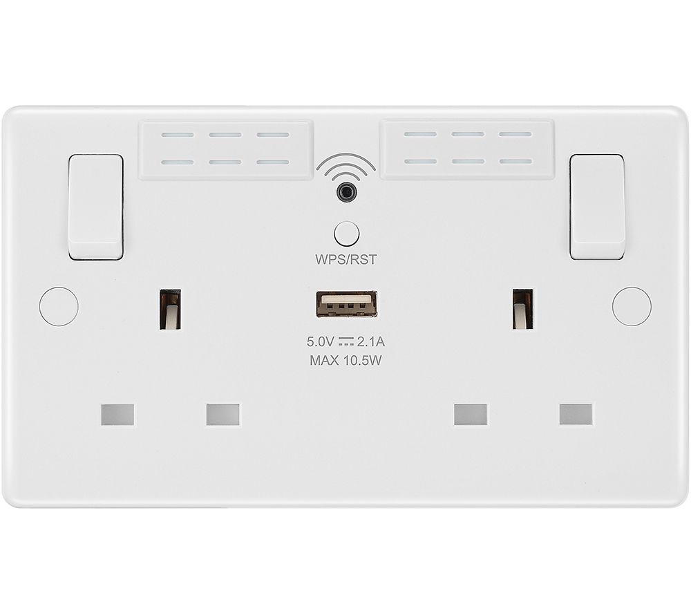 822UWR Double Wall Socket with WiFi Extender & USB - White