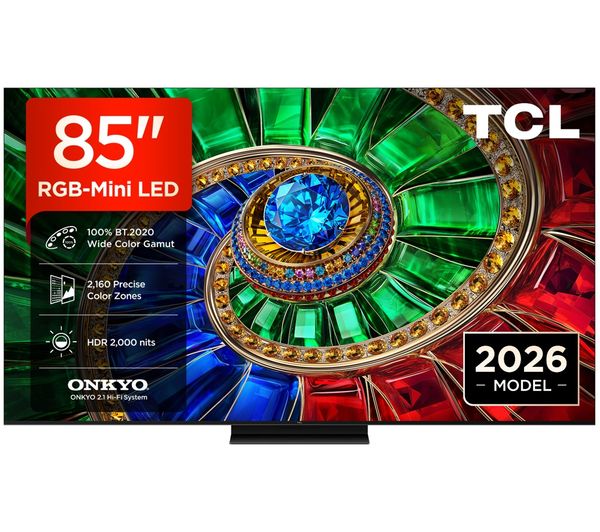 A product from TCL RM7L 85" RGB-Mini LED 4K HDR Smart Google TV - 85RM7L-UK, ONE FOR ALL WM5650 Full Motion 42-100" TV Bracket, and SANDSTROM S150AVC20 Screen Cleaner