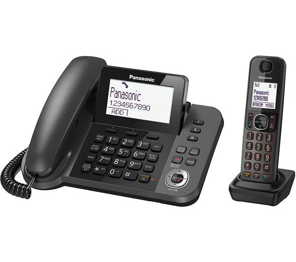 An image of PANASONIC KX-TGF320EM Corded & Cordless Phone Combo - Twin Handsets, Black