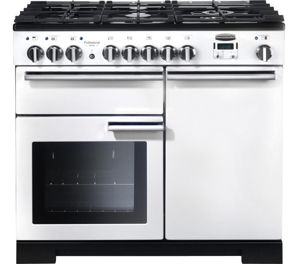 RANGEMASTER Professional Deluxe 100 Dual Fuel Range Cooker - White & Chrome, White