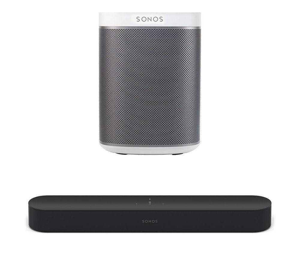SONOS Beam Compact Sound Bar & PLAY1 Wireless Smart Sound Multi-Room Speaker Bundle