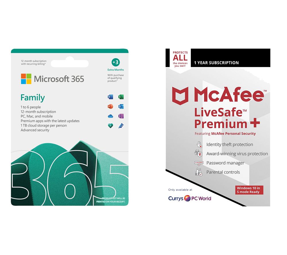 MICROSOFT 365 Family (1 year for 6 users + 3 Months Extra Time) & LiveSafe Premium (1 year for unlimited devices) Bundle