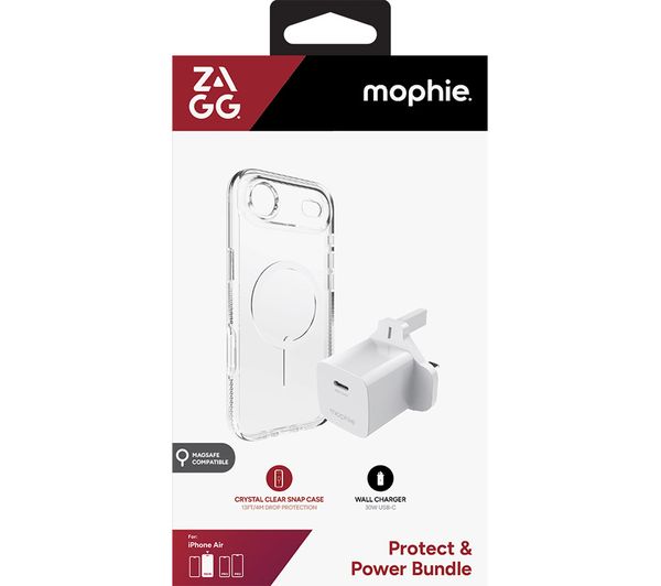 An image of ZAGG Crystal Palace Snap iPhone Air Clear Case & Mophie 30 W USB Type-C Wall Charger Bundle