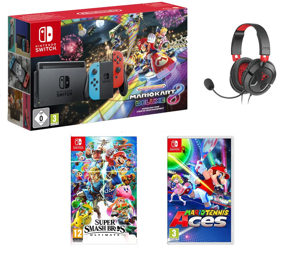 NINTENDO Switch with Mario Kart 8, Super Smash Bros. Ultimate, Mario Tennis Aces & Ear Force Recon Headset Bundle, Neon review