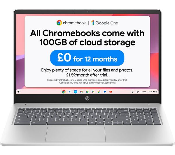 An image of HP 15a-nb0503sa 15.6" Refurbished Chromebook - Intel® N100, 128 GB UFS, Silver (Excellent Condition)