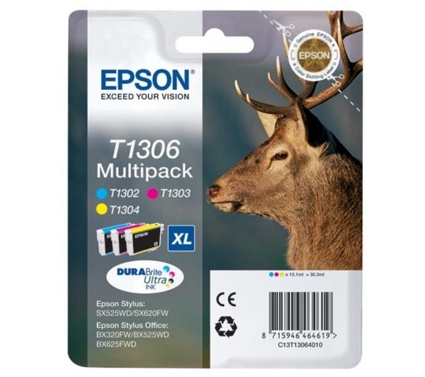 EPSON Stag T1306 Cyan, Magenta & Yellow Ink Cartridges - Multipack