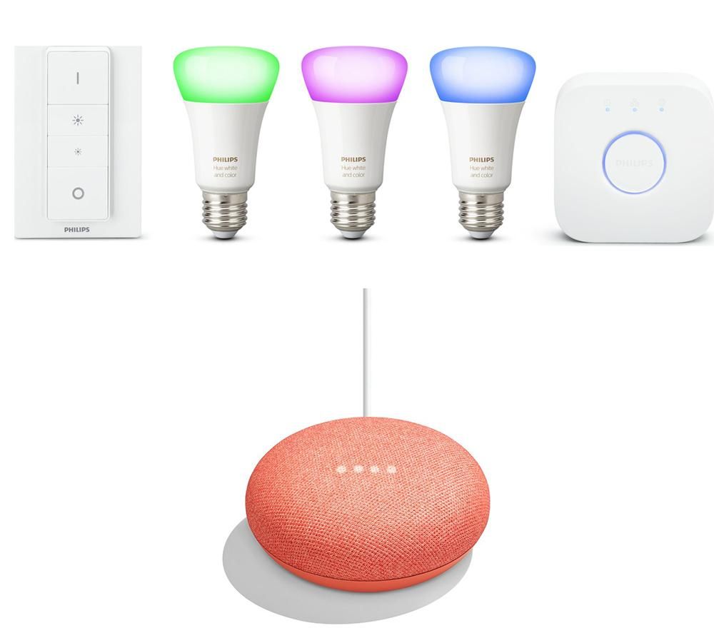 PHILIPS Hue White & Colour Ambiance E27 Smart Bulb Starter Kit & Google Home Mini Bundle specs