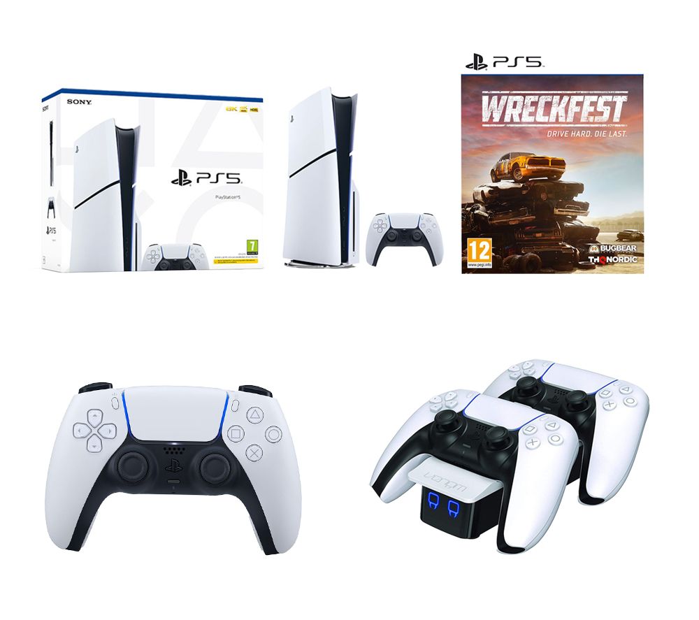 PlayStation 5 Model Group (Slim), PS5 DualSense Wireless Controller (White), Venom VS5001 PlayStation 5 Twin Docking Station (White) & Wreckfest (PS5) Bundle