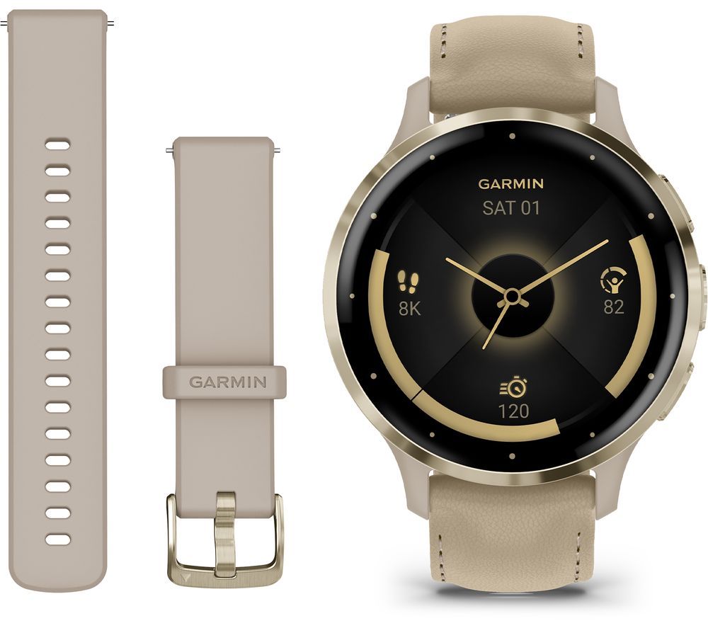 Venu 3S - Soft Gold with French Grey Leather Band & French Grey Silicone Band