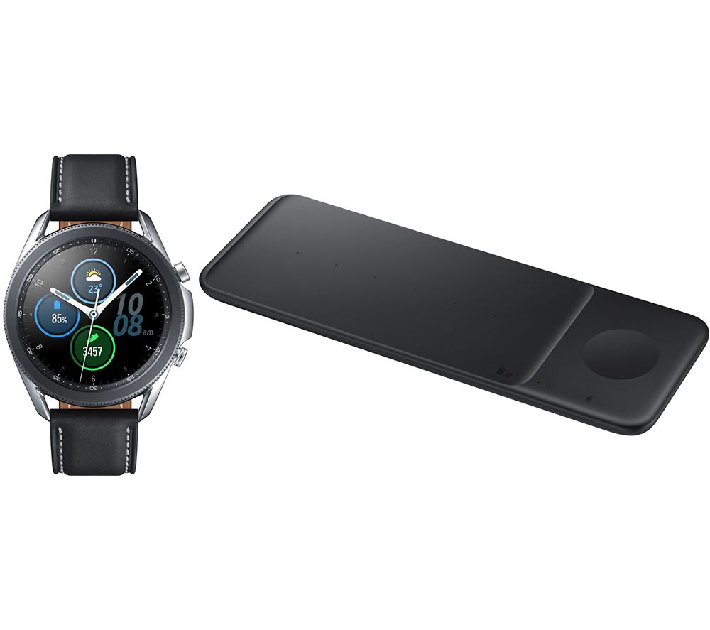 SAMSUNG Galaxy Watch3 & Wireless Charger Trio Bundle - Mystic Silver, 45 mm, Silver