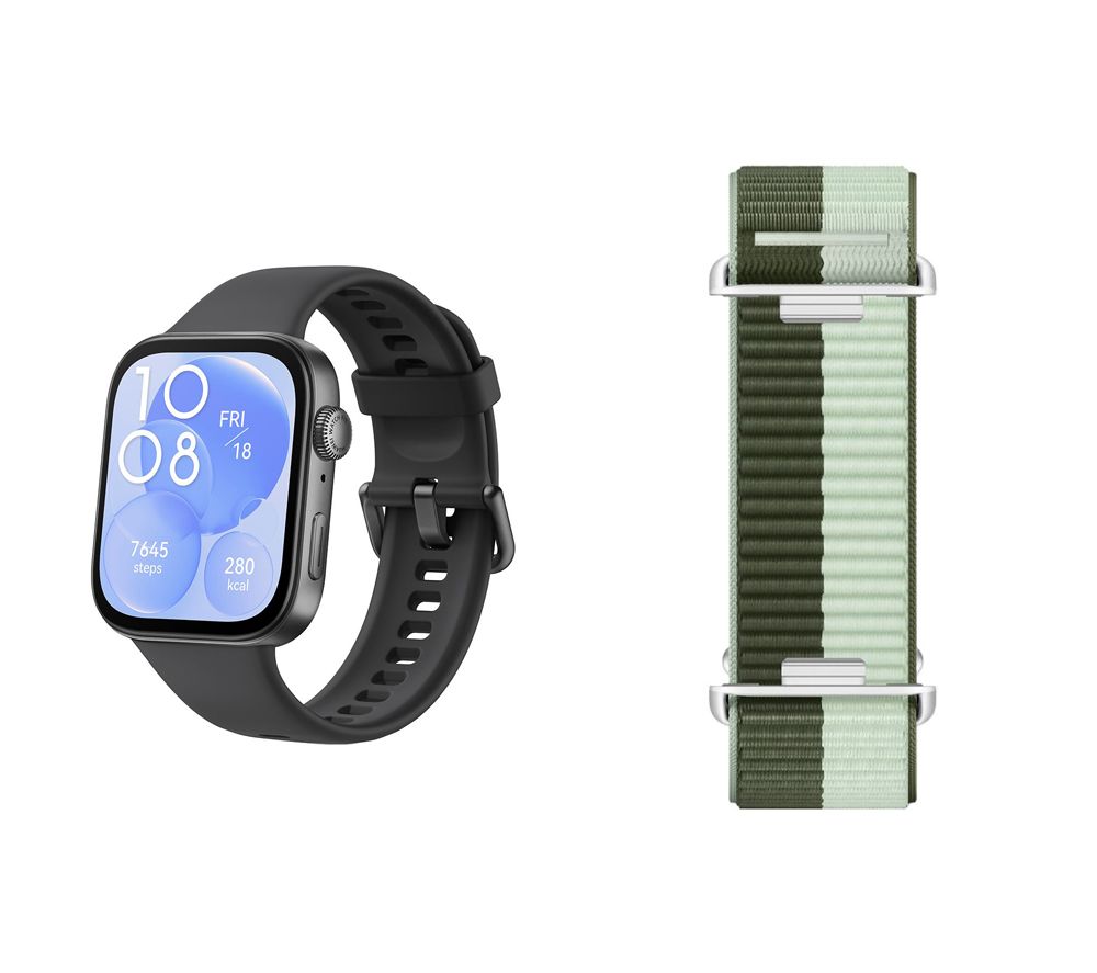 Watch Fit 3 (Black) with Black Fluoroelastomer Strap & Green Nylon Strap Bundle