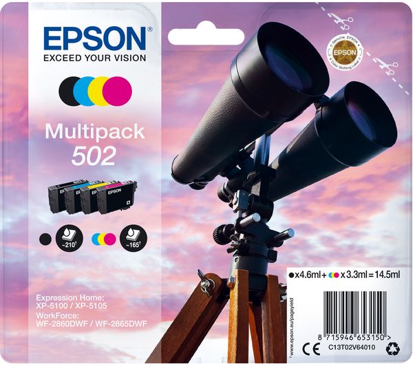 Image of EPSON Binoculars 502 Cyan, Magenta, Yellow & Black Ink Cartridges - Multipack
