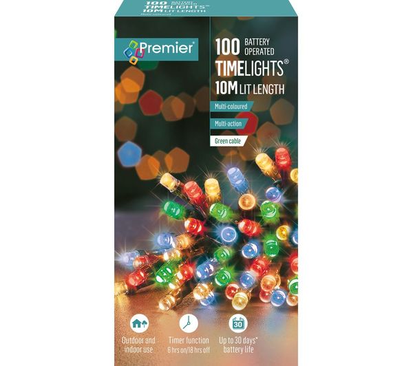 PREMIER 100 Multi-colour LED Battery String Lights with Timer - 10 m