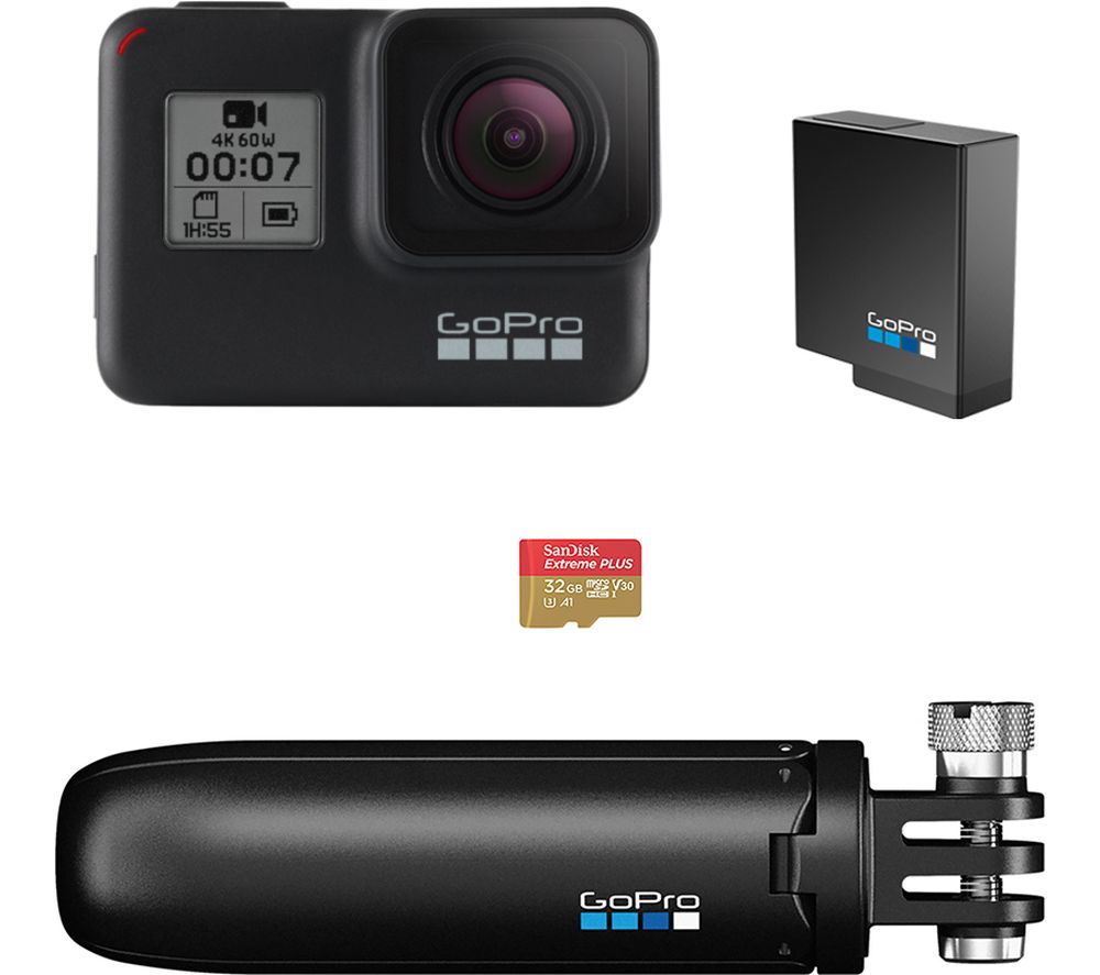 GoPro HERO7 Black Action Camera with Shorty Mount, Extra Battery & microSD Card Bundle, Black