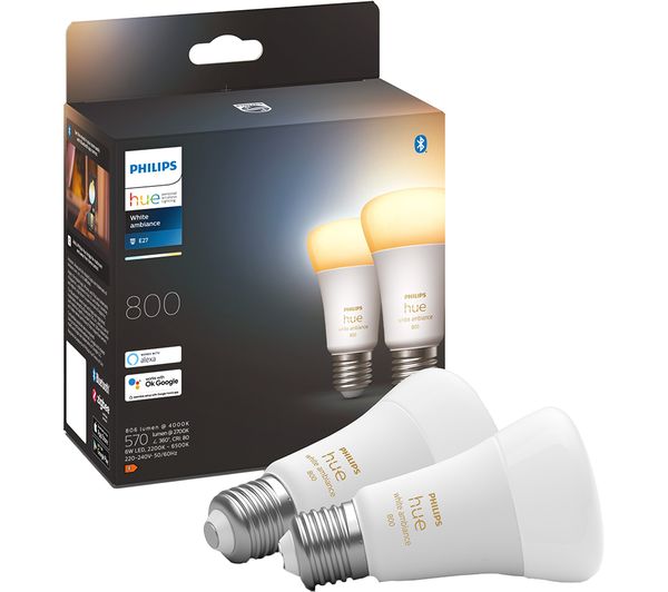 PHILIPS HUE White Ambiance Smart LED Bulb with Bluetooth - E27, 800 Lumen, Twin Pack