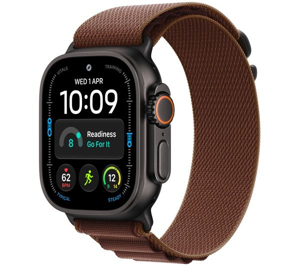 An image of APPLE Watch Ultra 4 Cellular - 49 mm Black Titanium Case with Burgundy Alpine Loop, Large