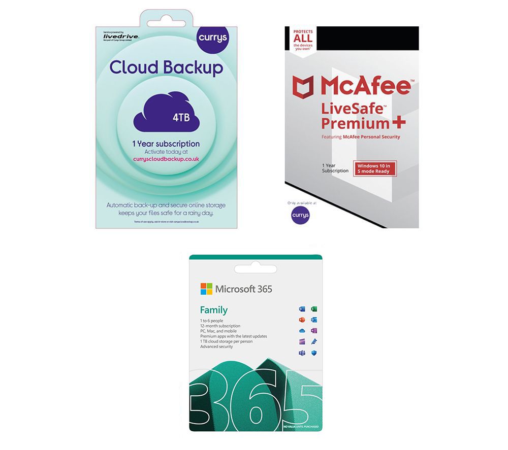 MICROSOFT 365 Family (1 year for 6 users + 3 Months Extra Time), McAfee LiveSafe Premium & Currys Cloud Backup (4 TB, 1 year) Bundle