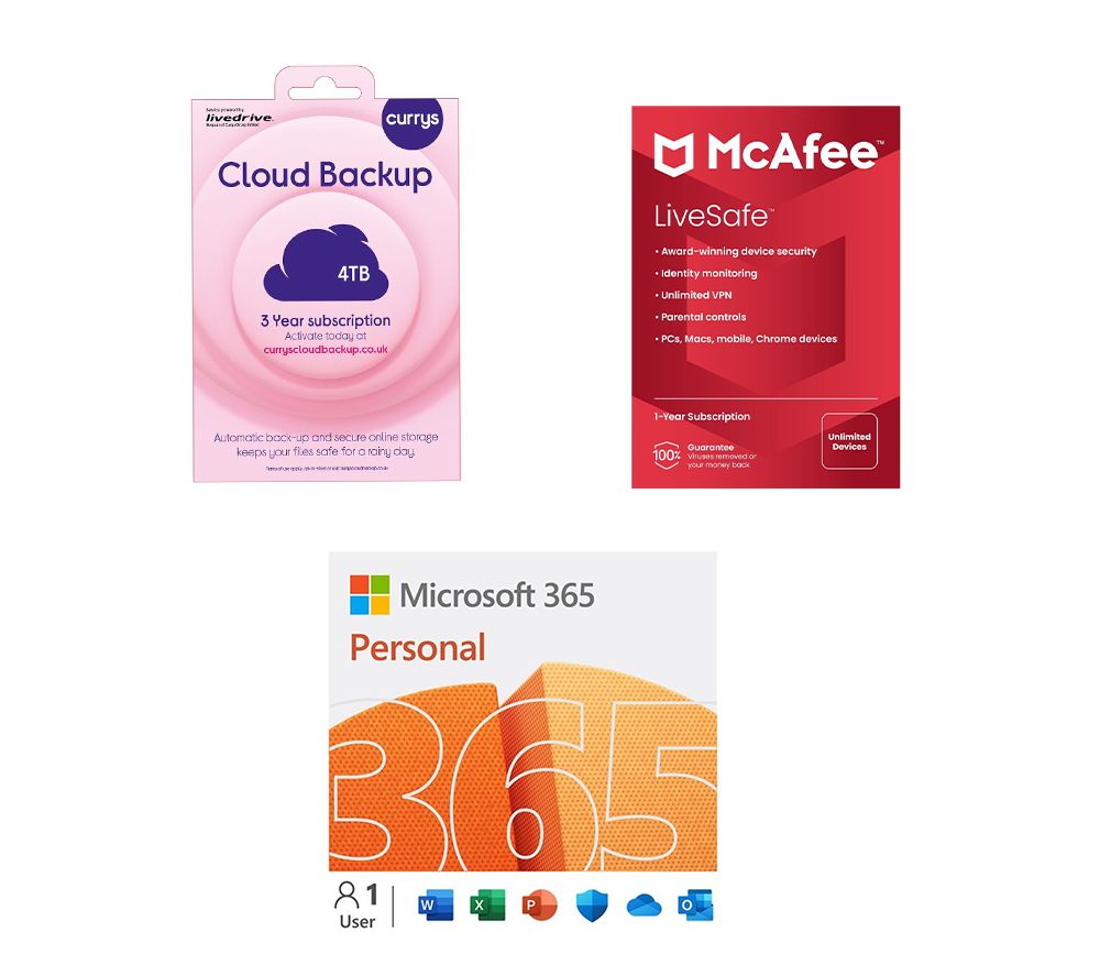 365 Personal (12 months (automatic renewal), 1 user), McAfee LiveSafe (1 year, unlimited devices) & Cloud Backup (4 TB, 3 years) Bundle