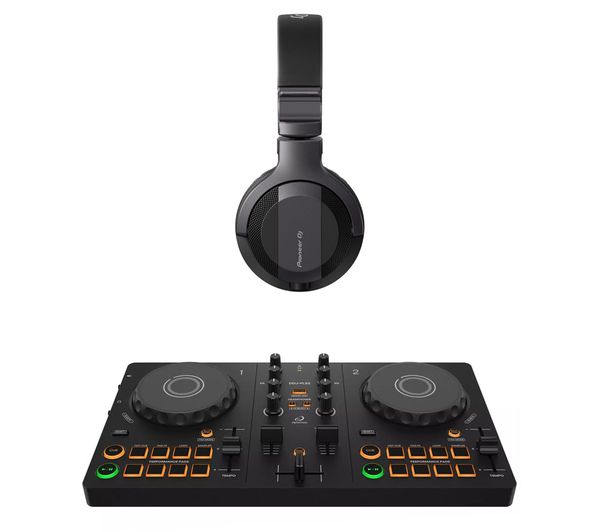 An image of PIONEER DJ DDJ-FLX2 Smart Controller (Black) & HDJ-CUE1 Headphones (Dark Grey) Bundle