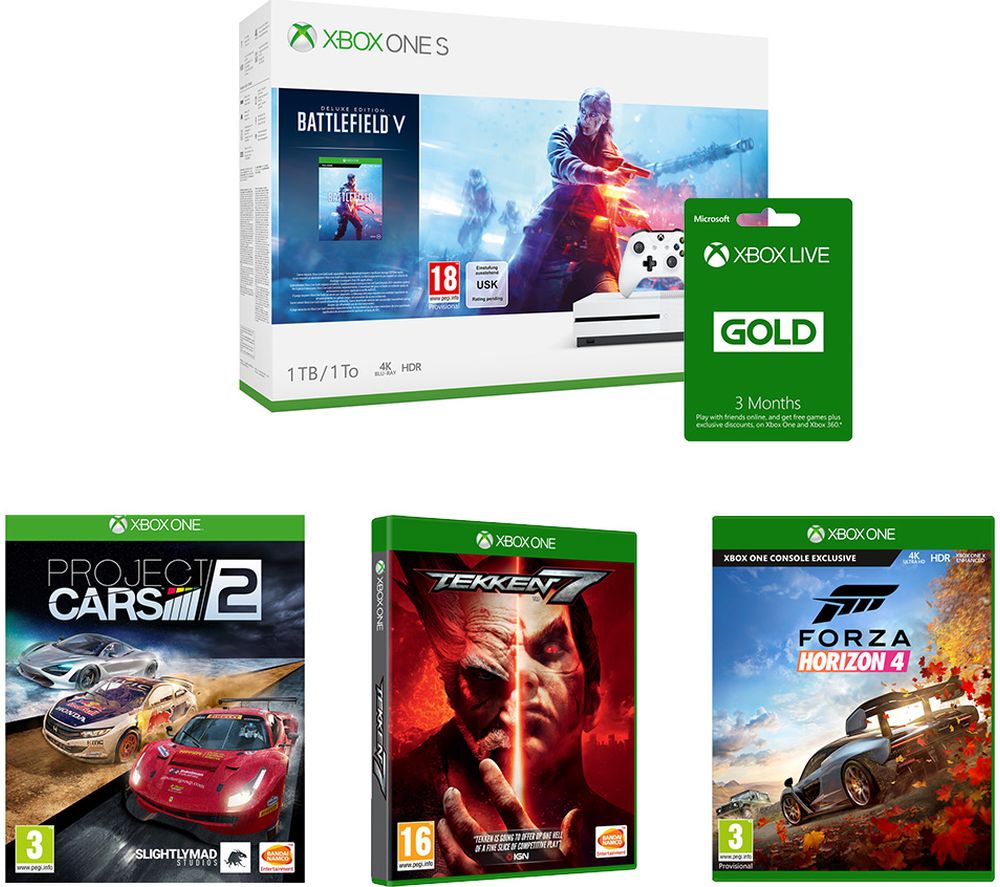 MICROSOFT Xbox One S, Battlefield V, Tekken 7, Forza Horizon 4, Project Cars 2 & Xbox LIVE Gold Bundle, Gold review