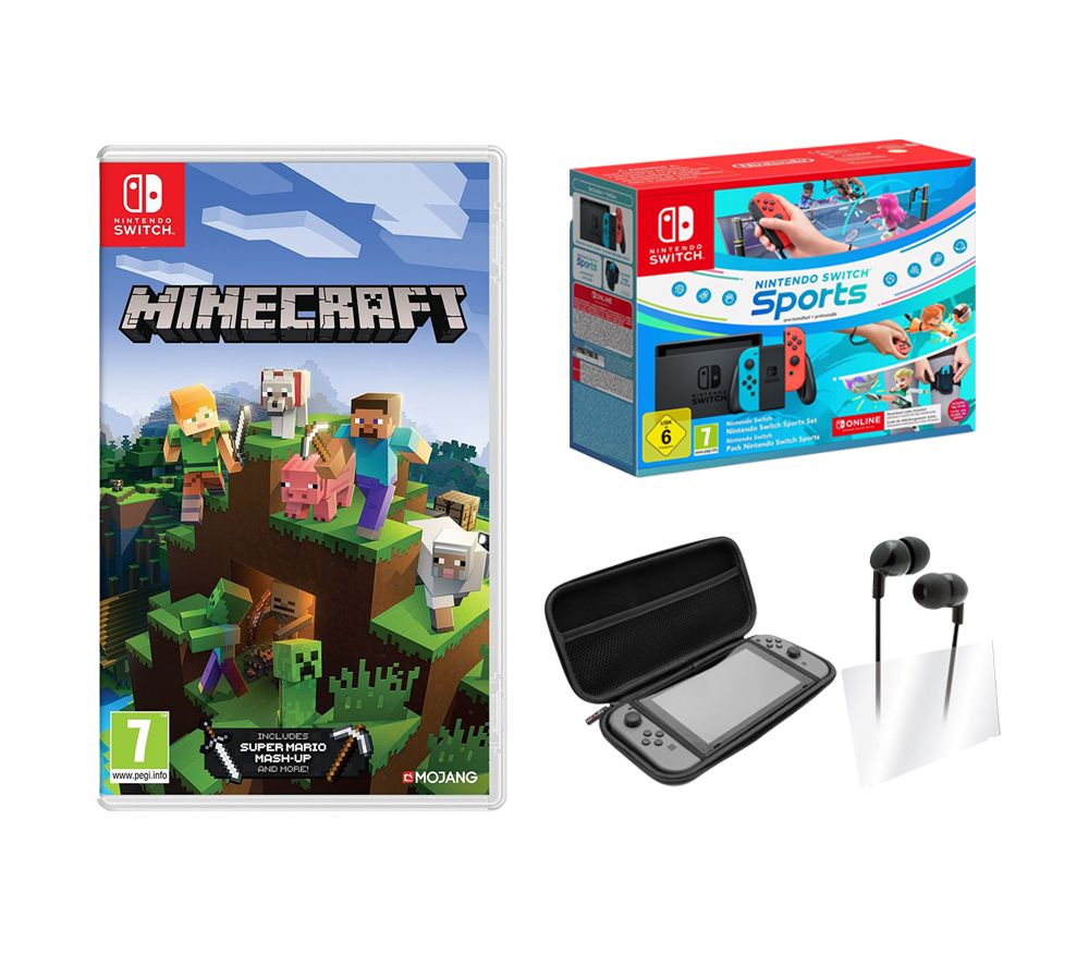 Switch (Red and Blue), Nintendo Switch Sports, 3 Month Online Subscription, VS4793 Starter Kit & Minecraft Bundle