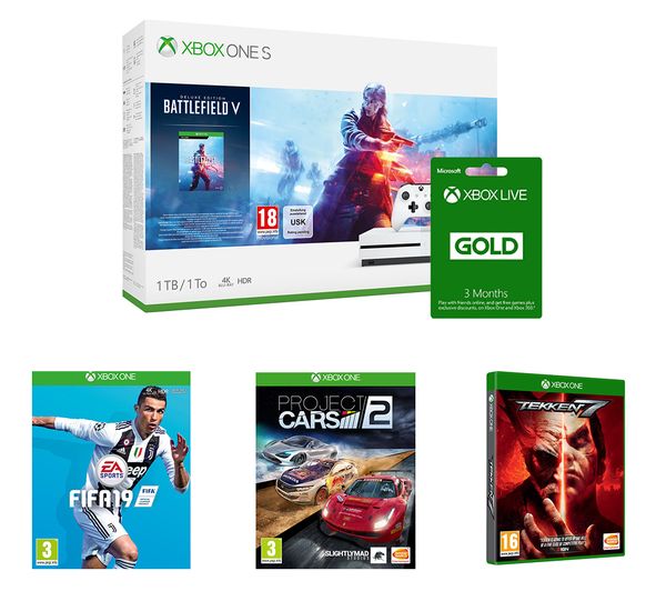 MICROSOFT Xbox One S, Battlefield V, FIFA 19, Tekken 7, Project Cars 2 & LIVE Gold Membership Bundle, Gold