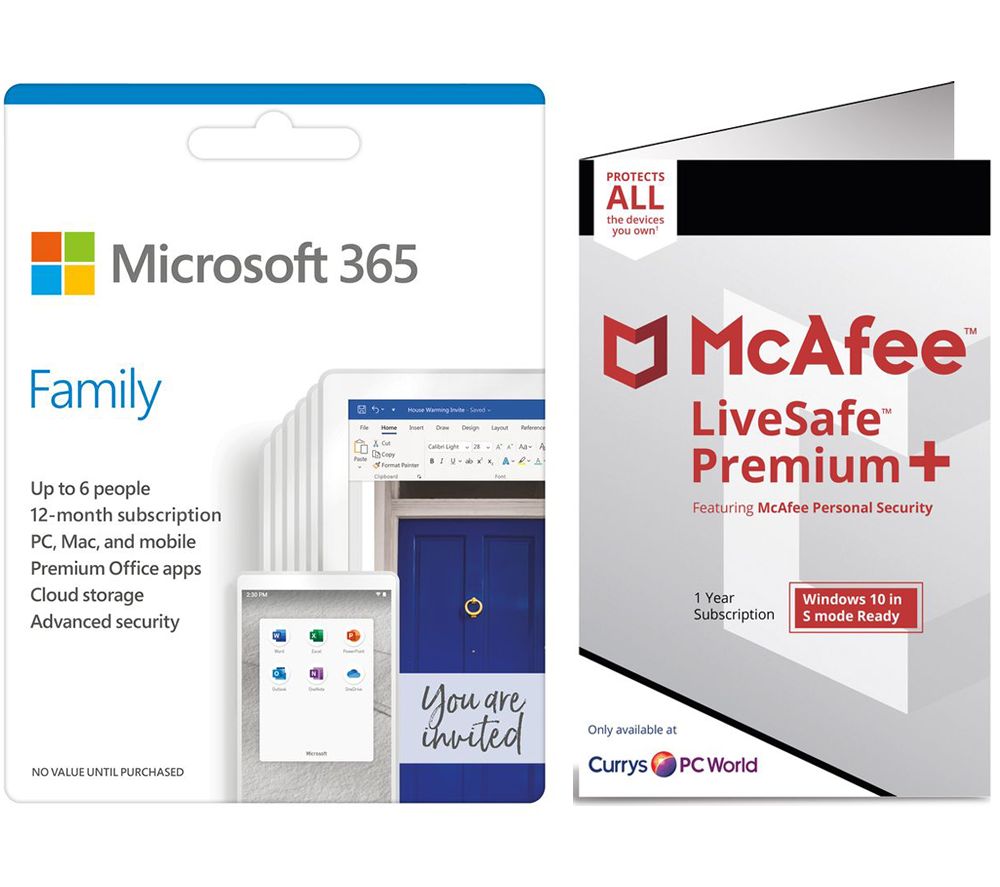 MICROSOFT 365 Family for 6 Users & McAfee LiveSafe Premium for Unlimited Users Bundle - 1 year