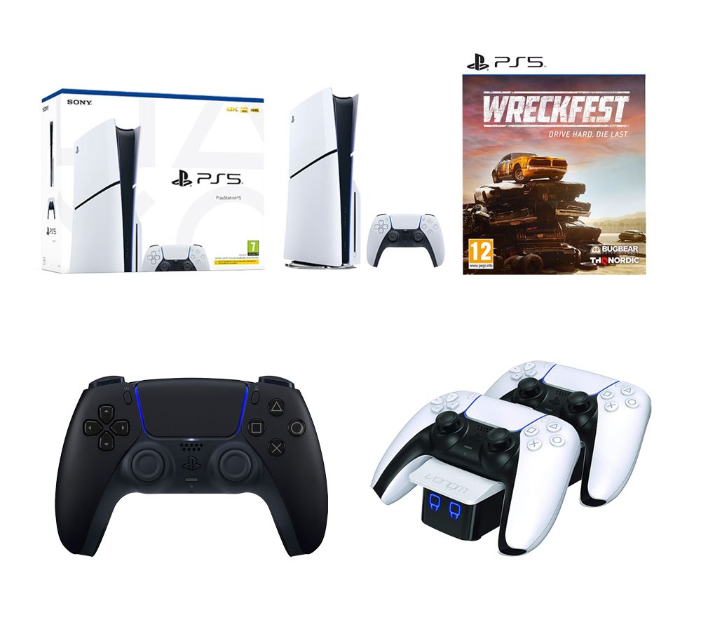PlayStation 5 Model Group (Slim), PS5 DualSense Wireless Controller (Midnight Black), Venom VS5001 PlayStation 5 Twin Docking Station (White) & Wreckfest (PS5) Bundle