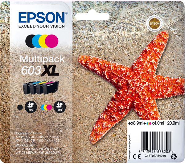 Image of EPSON 603 XL Starfish Cyan, Magenta, Yellow & Black Ink Cartridges - Multipack
