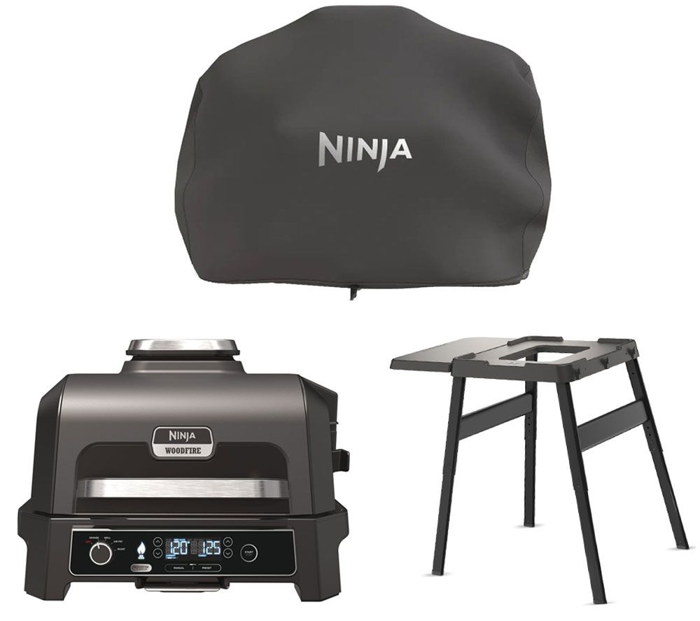 Woodfire Pro XL OG850UK Outdoor Electric BBQ Grill & Smoker with XL Cover & Universal Stand & Side Table Bundle - Black