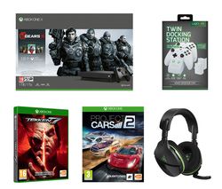 MICROSOFT Xbox One X with Gears 5, Tekken 7, Project Cars 2, Stealth 600 Headset & Twin Docking Station Bundle