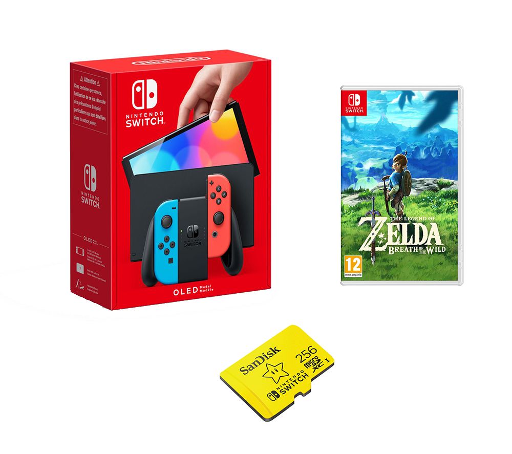 Switch OLED Neon, The Legend of Zelda: Breath of the Wild & SanDisk 256 GB Memory Card Bundle