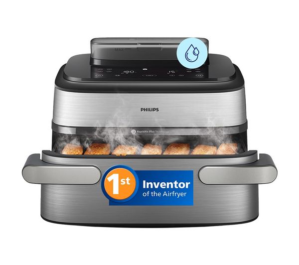An image of PHILIPS 5000 Series 9.5L NA565/92 Dual Basket Steam Air Fryer - Silver & Black