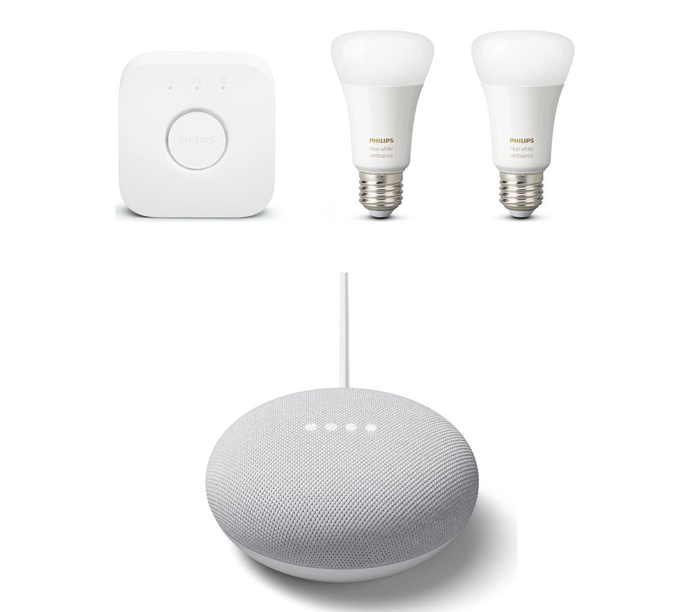 PHILIPS HUE White and Colour E27 Smart Bulb Starter Kit & Google Chalk Nest Mini (2nd Gen) Bundle, White review