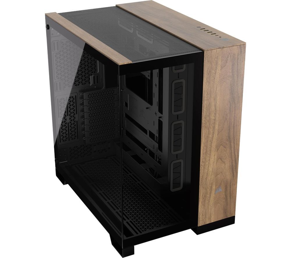 6500X ATX Mid-Tower Dual-Chamber PC Case - Black & Walnut Wood, Tempered Glass