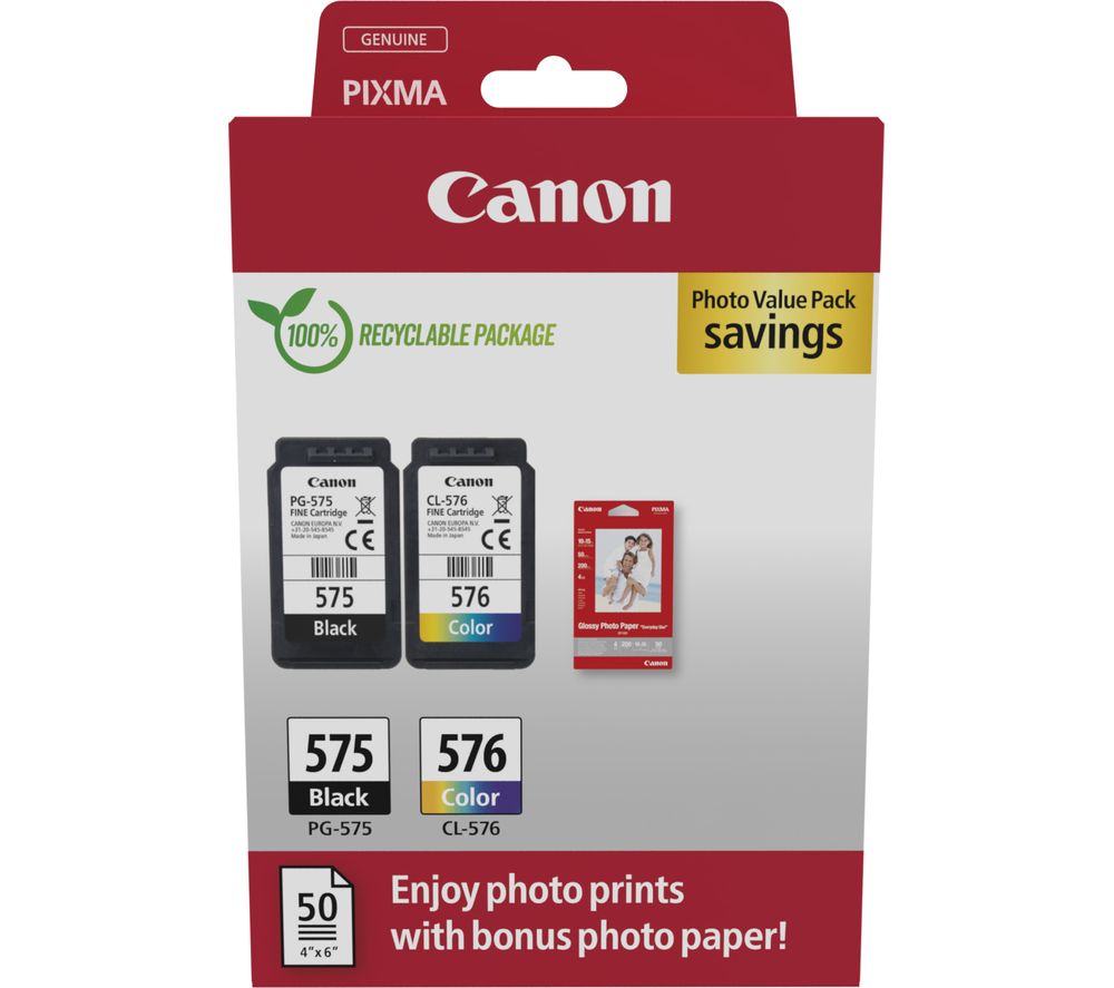 Canon PG-575/CL-576 PVP Black & Tri-colour Ink Cartridges & Photo Paper - 50 Sheets