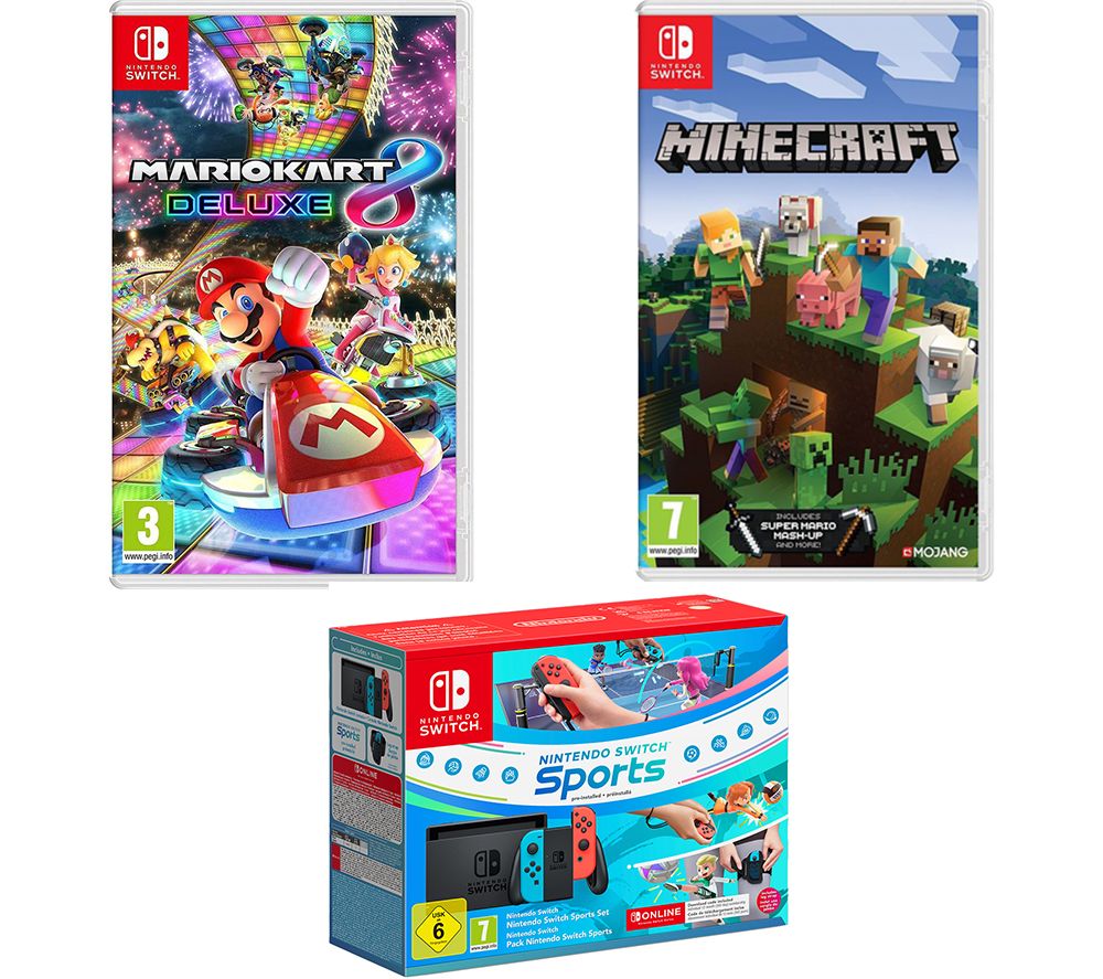 Switch Neon Red & Blue, Sports, Mario Kart 8 Deluxe, Minecraft & Nintendo Switch Online 12 Month Membership Bundle