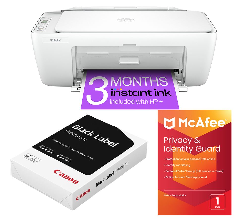 DeskJet 2810e All-in-One Wireless Inkjet Printer & Instant Ink with HP+, A4 Premium Black Label Paper (500 Sheets) & Privacy & Identity Guard (1 year for 1 user) Bundle