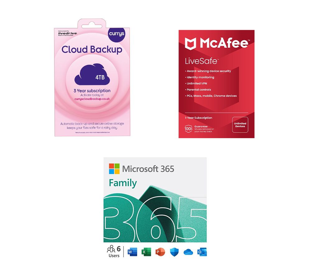 365 Family (12 months (automatic renewal), 6 users), McAfee LiveSafe (1 year, unlimited devices) & Cloud Backup (4 TB, 3 years) Bundle