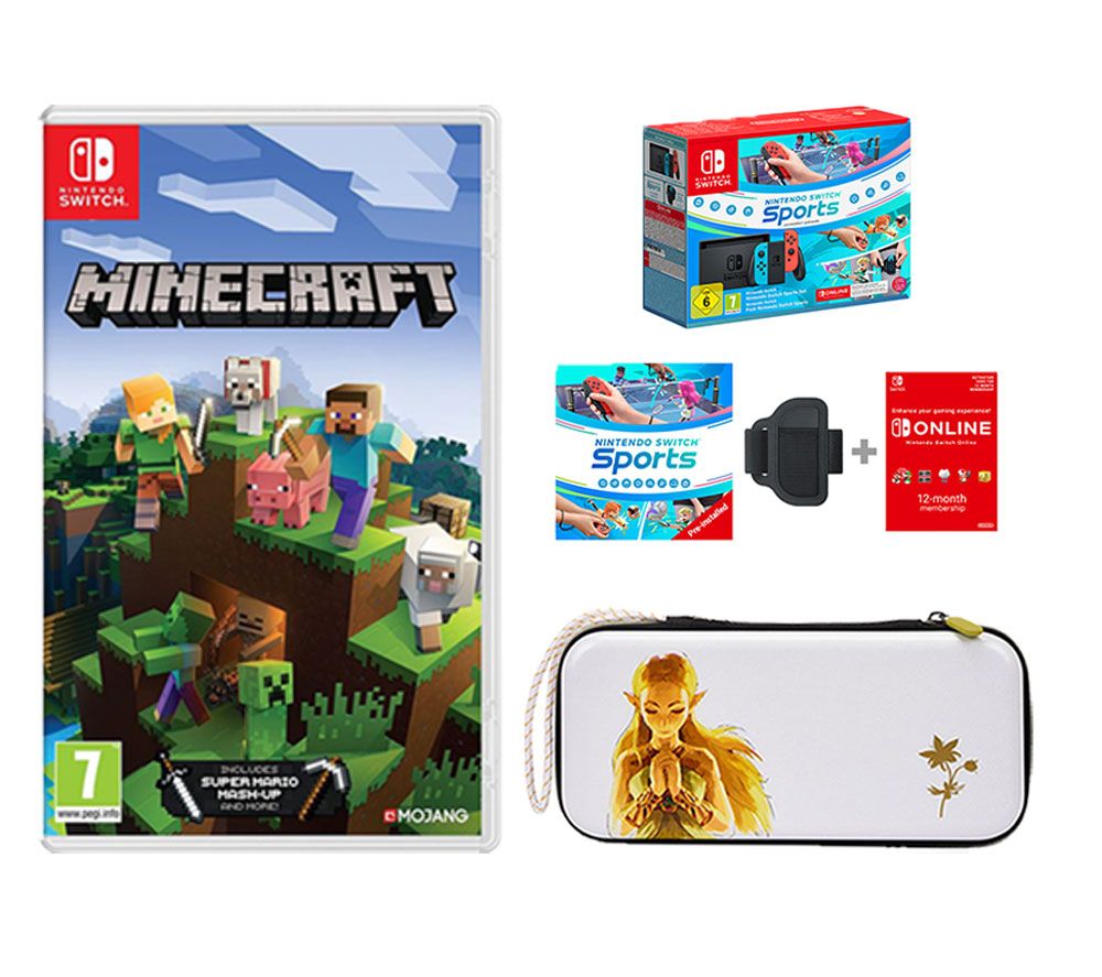 Switch Neon Red & Blue, Sports, Minecraft, Princess Zelda Case & Nintendo Switch Online 12 Month Membership Bundle