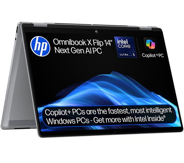 An image of HP OmniBook X Flip 14" 2 in 1 Refurbished Laptop, Copilot+ PC - Intel® Core™ Ultra 5, 512 GB SSD, Silver (Excellent Condition)